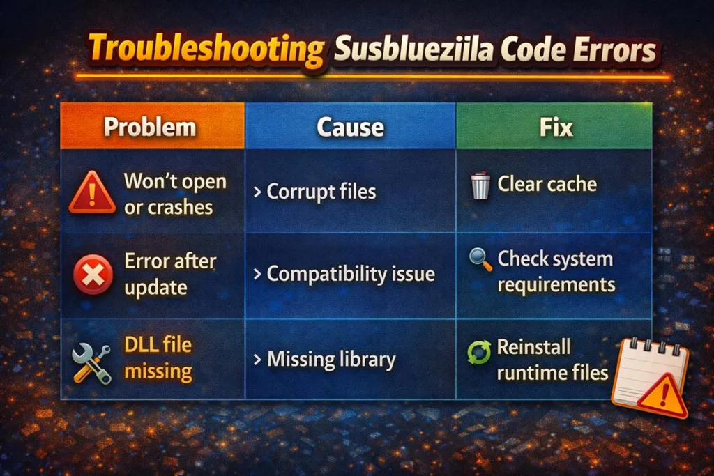 How to Fix Susbluezilla Code in Minutes (2026) 1 Visual Troubleshooting Table Graphic