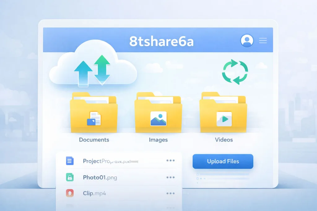 8tshare6a software interface displaying cloud file sharing, folders, and sync features in a modern dashboard layout