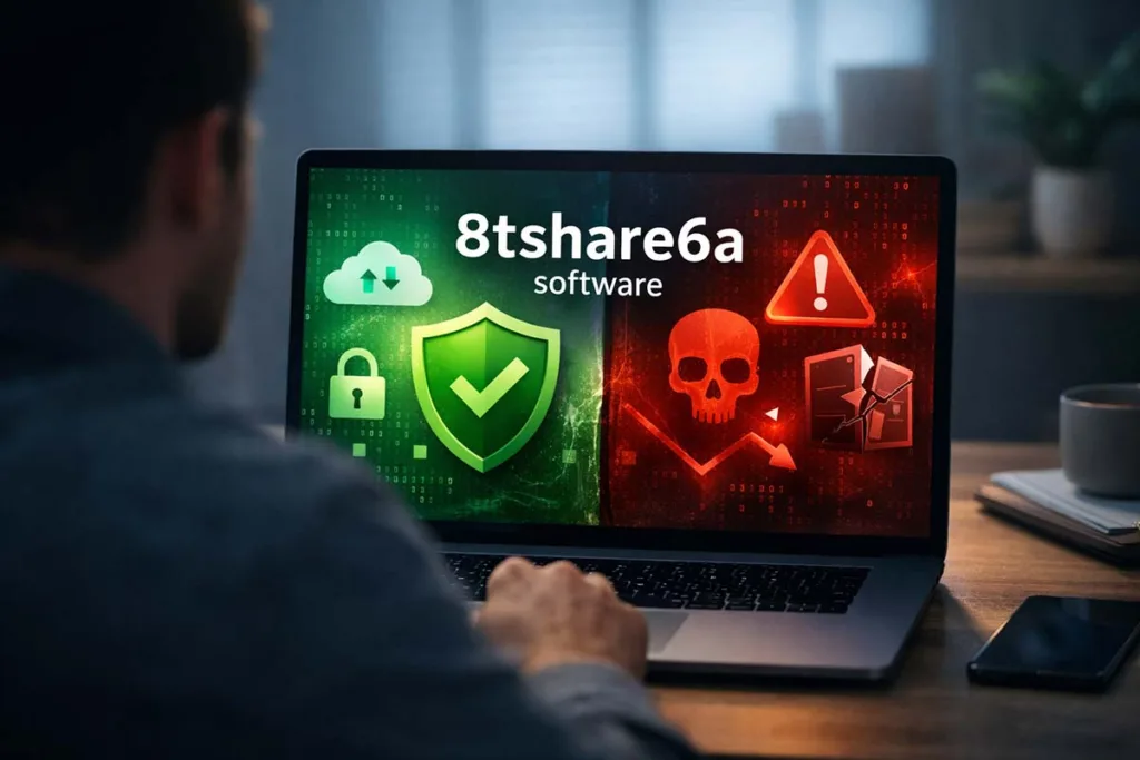 User analyzing 8tshare6a software on laptop screen showing secure file sharing on one side and security risks on the other