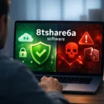 User analyzing 8tshare6a software on laptop screen showing secure file sharing on one side and security risks on the other