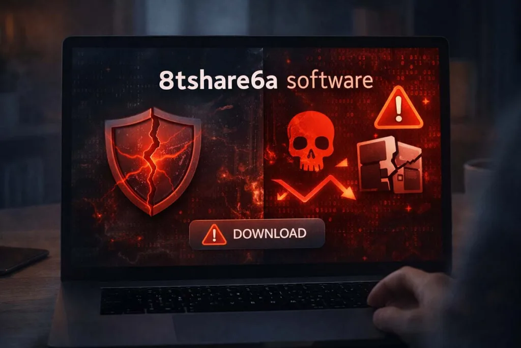 Laptop screen showing 8tshare6a software with malware warning icons, cracked shield, and risky download alert indicating security concerns