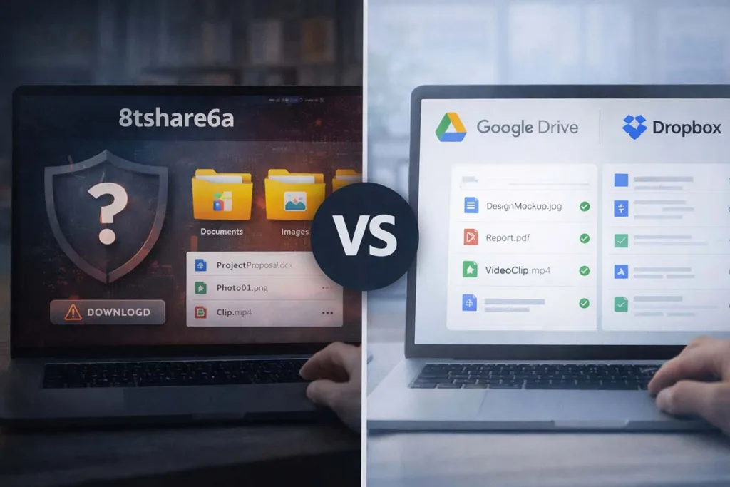 Side by side comparison of 8tshare6a software with Google Drive and Dropbox showing unclear features versus secure file sharing platforms