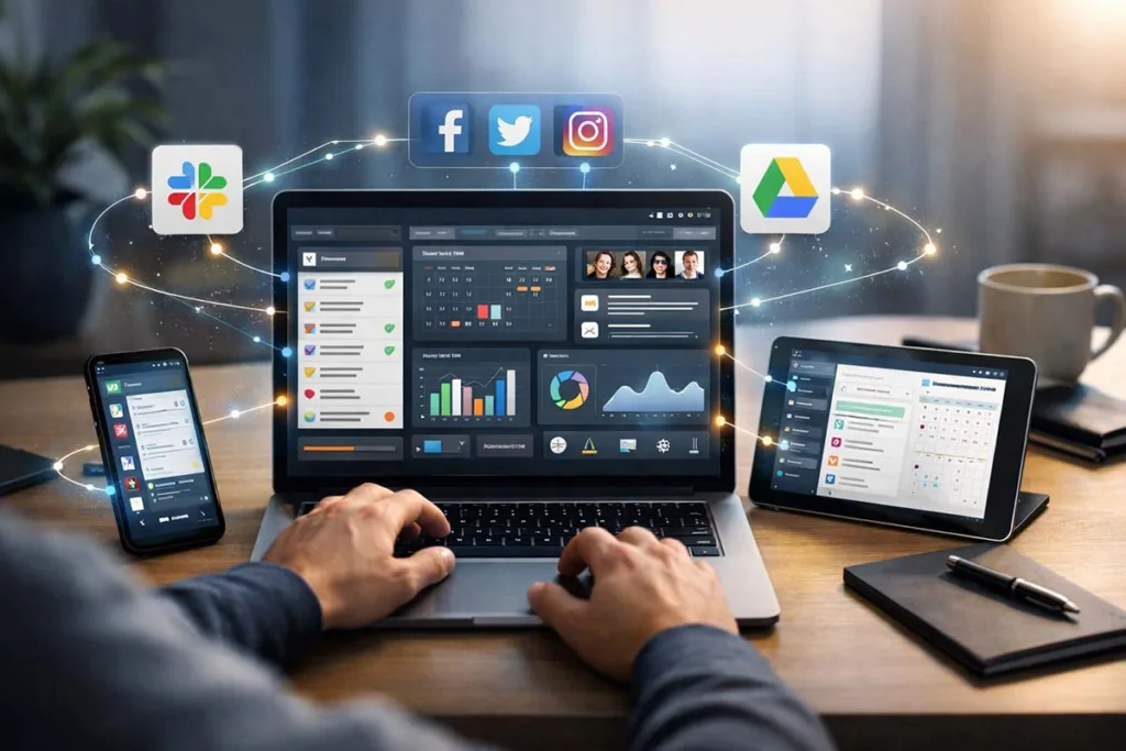 Modern workspace with apps and software aliensync dashboard showing real-time synchronization, connected tools, and workflow automation across devices