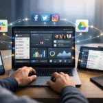 Modern workspace with apps and software aliensync dashboard showing real-time synchronization, connected tools, and workflow automation across devices