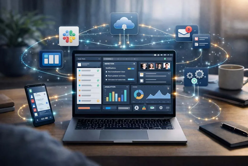 Laptop showing apps and software aliensync dashboard with tasks, analytics, notifications, and connected tools in a centralized workspace