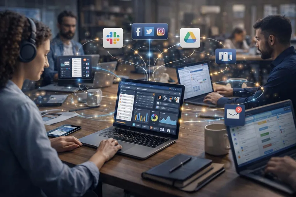 Team using apps and software aliensync across devices with connected workflows, real-time synchronization, and shared collaboration tools