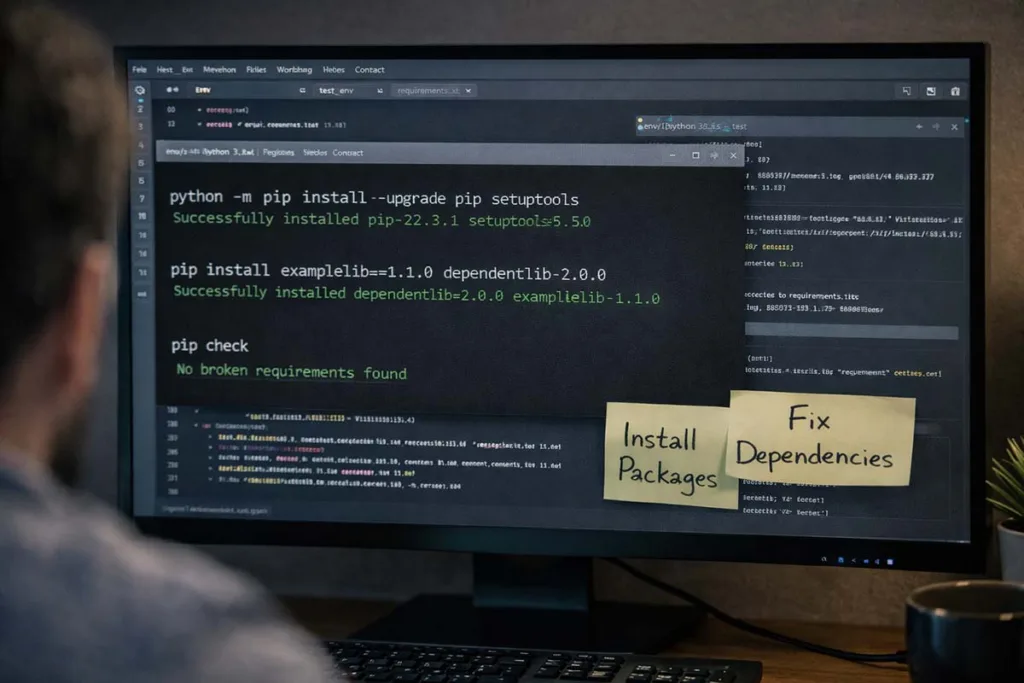 Developer fixing winobit3.4 software error using Python terminal commands, updating pip, installing dependencies, and resolving code issues