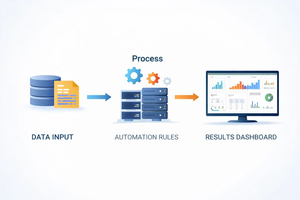 Diagram showing how zenvekeypo4 software works with data input, automation rules processing, and results dashboard output in a simple workflow illustration