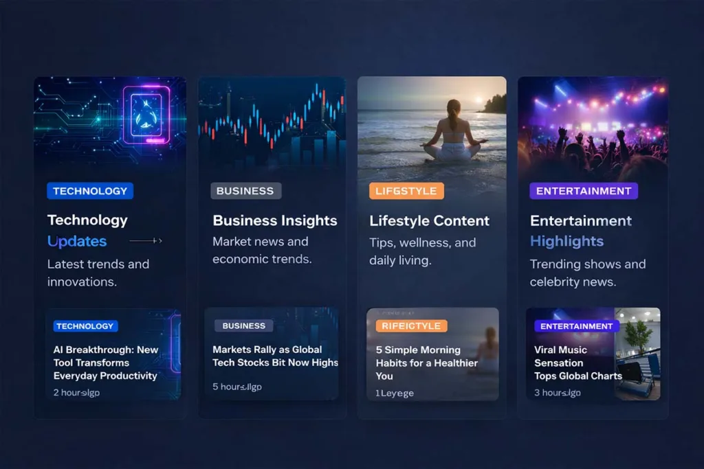 Visual dashboard of latest feedbuzzard com displaying technology updates, business insights, lifestyle content, and entertainment highlights in organized sections