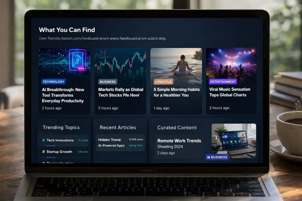 Laptop screen showing latest feedbuzzard com with trending topics, recent articles, curated content, and category-based updates in a modern interface