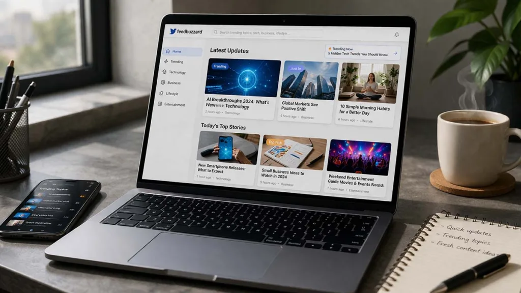 Modern laptop displaying latest feedbuzzard com with trending topics, recent articles, and digital updates on a clean workspace