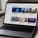 Modern laptop displaying latest feedbuzzard com with trending topics, recent articles, and digital updates on a clean workspace