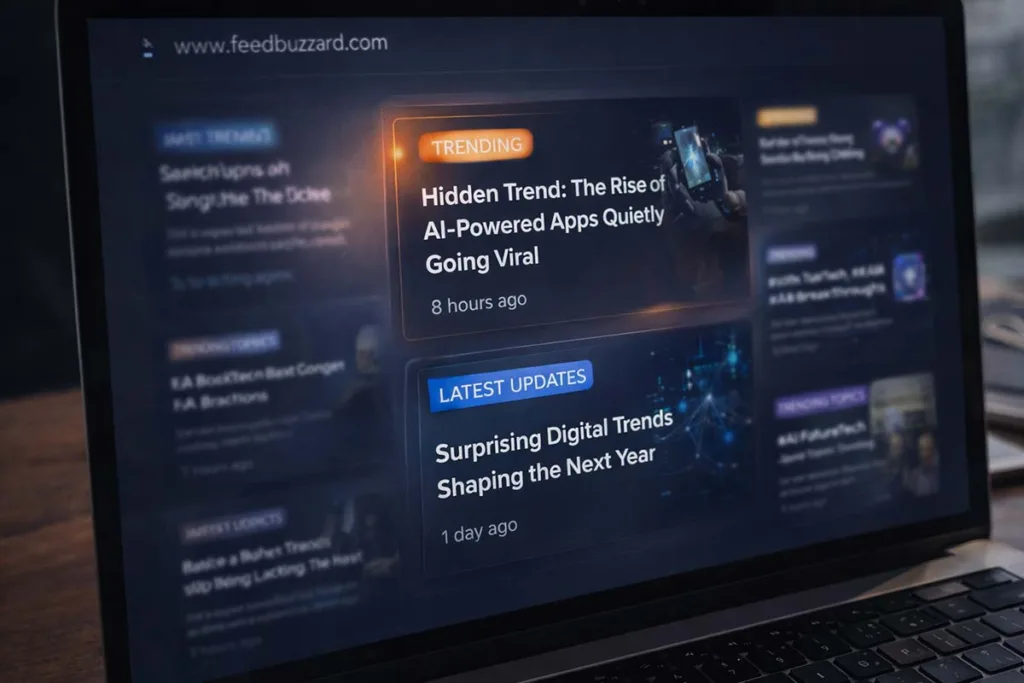 Laptop screen showing latest feedbuzzard com with highlighted hidden updates, trending topics, and recent digital trends in a modern interface