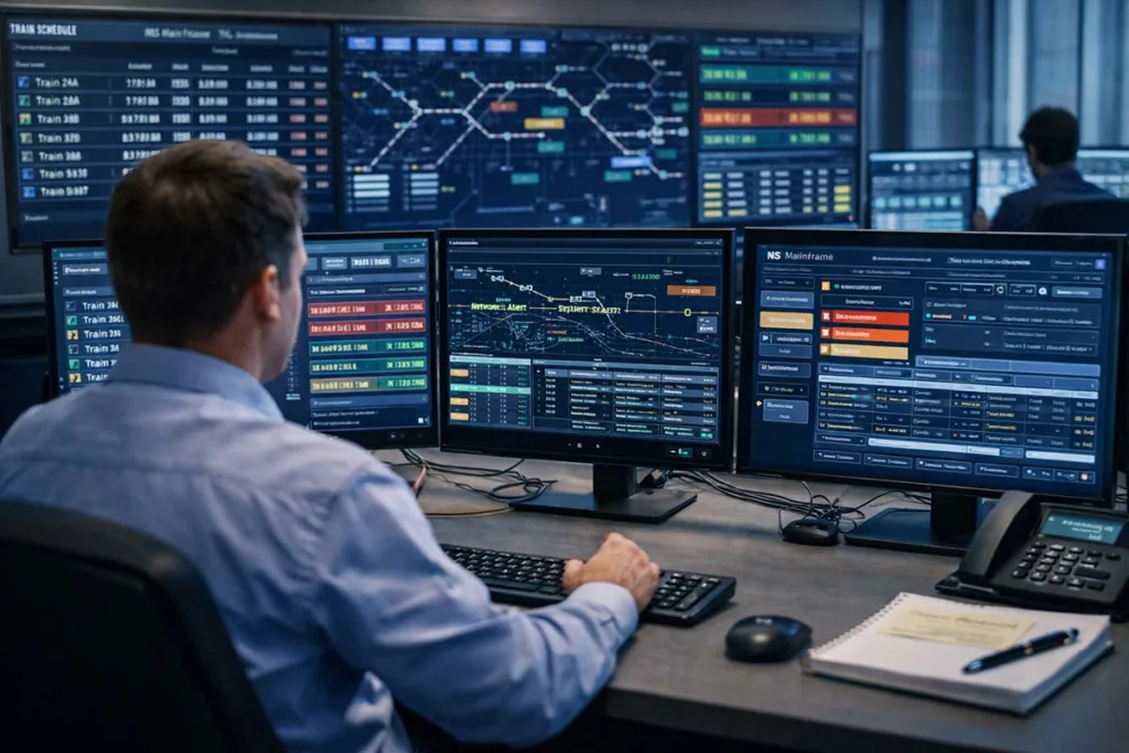 Employee using NS Mainframe system with multiple screens showing train schedules, freight tracking, and real-time operational data