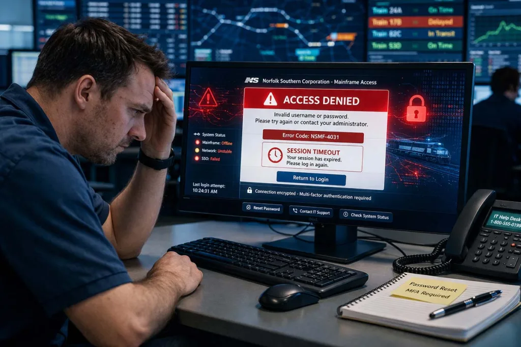 Employee facing NS Mainframe login error showing access denied message on computer screen in a modern office environment