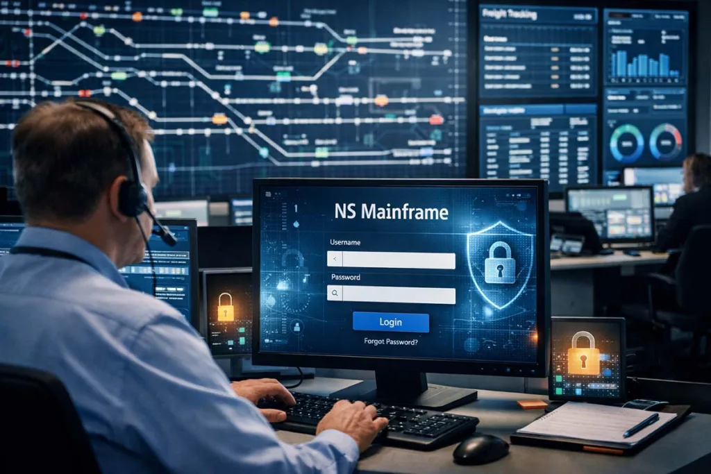 Employee accessing NS Mainframe login on a secure system in a modern railway operations control room with real-time tracking screens
