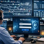 Employee accessing NS Mainframe login on a secure system in a modern railway operations control room with real-time tracking screens