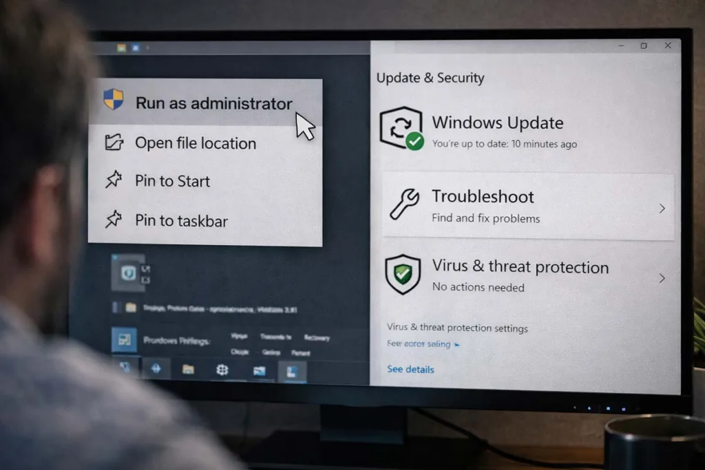 Windows settings screen showing troubleshooting steps like run as administrator and updates to fix winobit3.4 software error