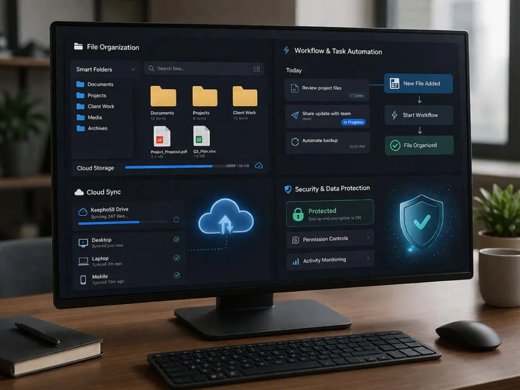 Software Keepho5ll interface displaying file organization, workflow automation, cloud sync, and data protection features on a desktop monitor