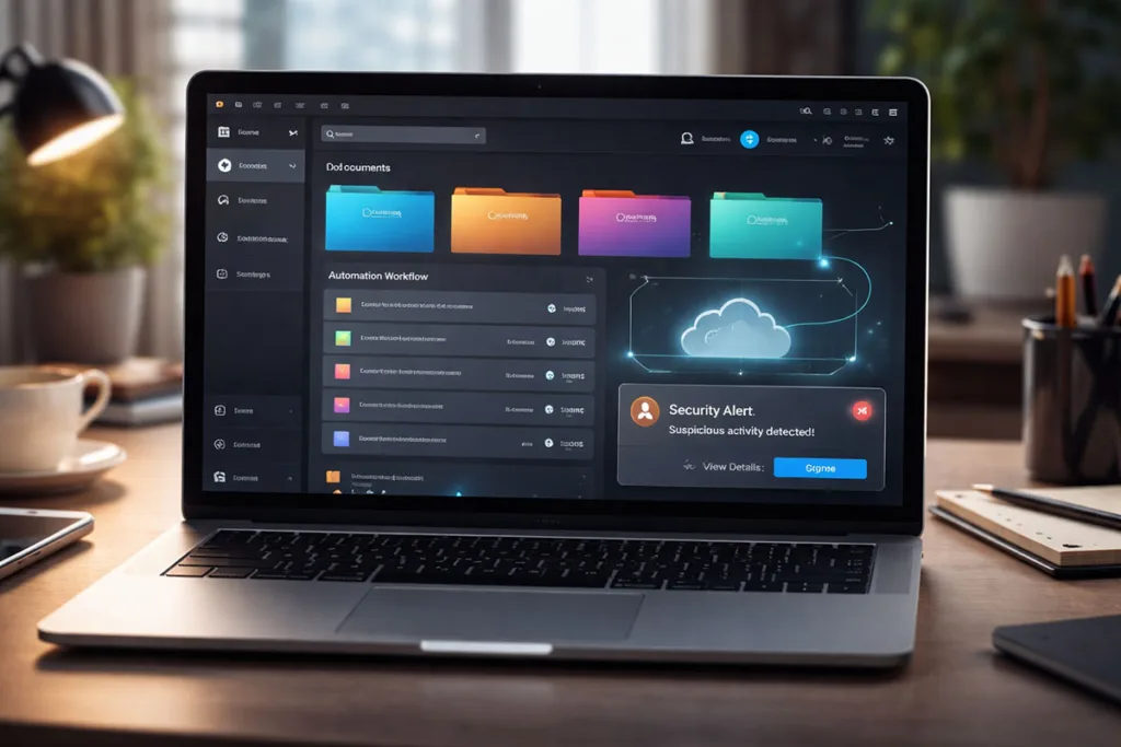 Software Keepho5ll interface showing file organization, workflow automation, cloud sync, and a security alert on a laptop screen