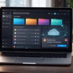 Software Keepho5ll interface showing file organization, workflow automation, cloud sync, and a security alert on a laptop screen