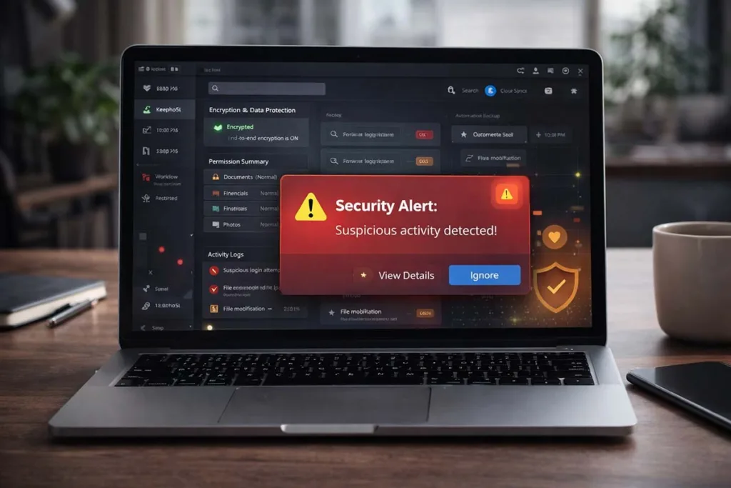 Software Keepho5ll interface showing security alert, encryption, data protection features, and suspicious activity warning on a laptop screen