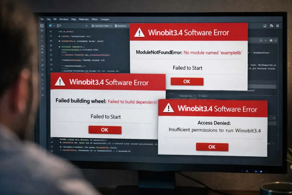 Computer screen showing multiple winobit3.4 software error messages like module not found, failed build, and access denied in a Python environment