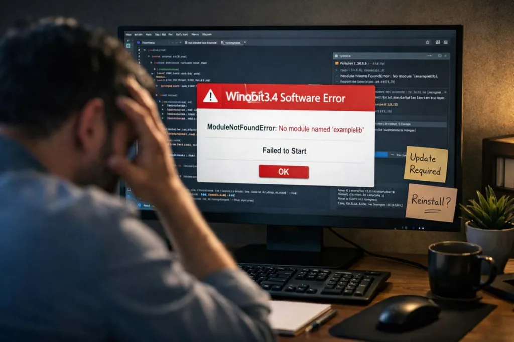 A frustrated user facing a winobit3.4 software error on a computer screen showing code, Python environment, and module error message
