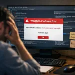 A frustrated user facing a winobit3.4 software error on a computer screen showing code, Python environment, and module error message