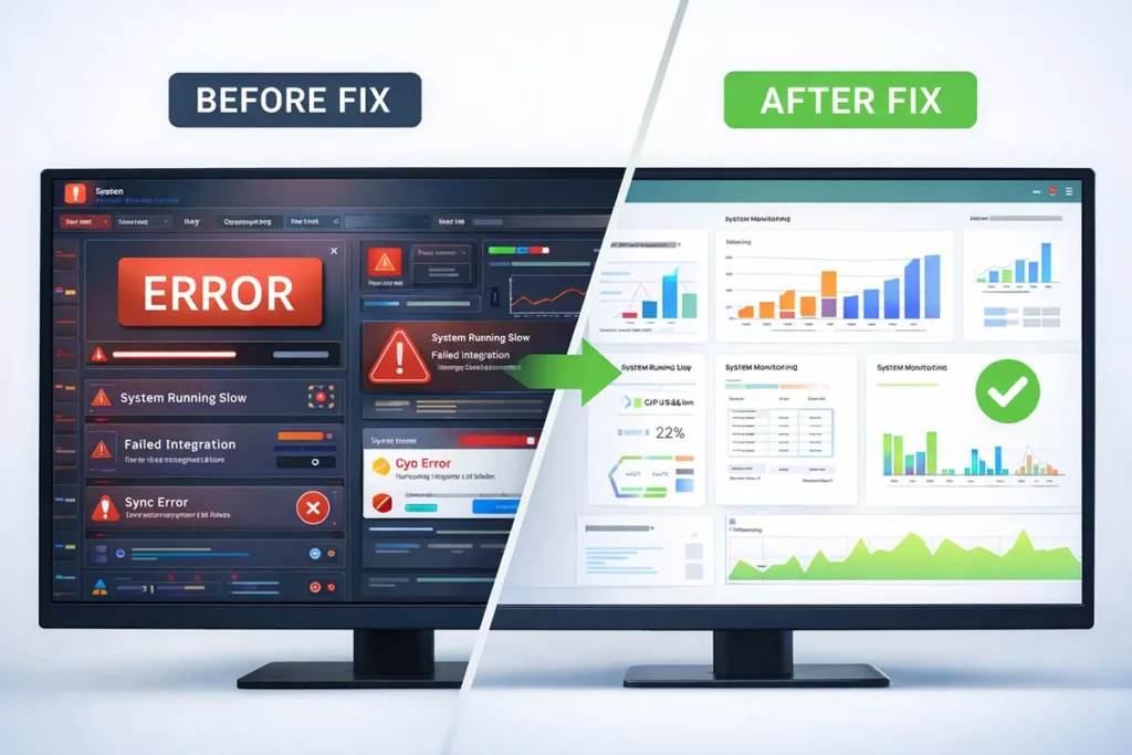 Side by side comparison of zenvekeypo4 software problem before fix with errors and after fix showing clean dashboard and improved performance