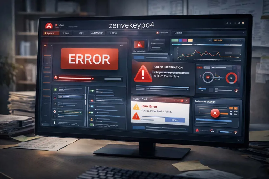 Computer screen showing zenvekeypo4 software problem with error alerts, failed integration, sync error, and broken dashboard interface