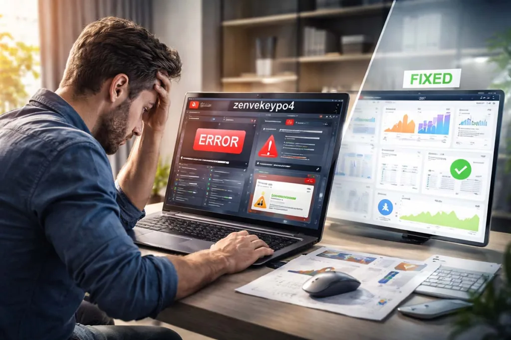 Frustrated user facing zenvekeypo4 software problem with error alerts and dashboard, alongside a fixed version showing improved system performance