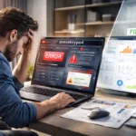 Frustrated user facing zenvekeypo4 software problem with error alerts and dashboard, alongside a fixed version showing improved system performance