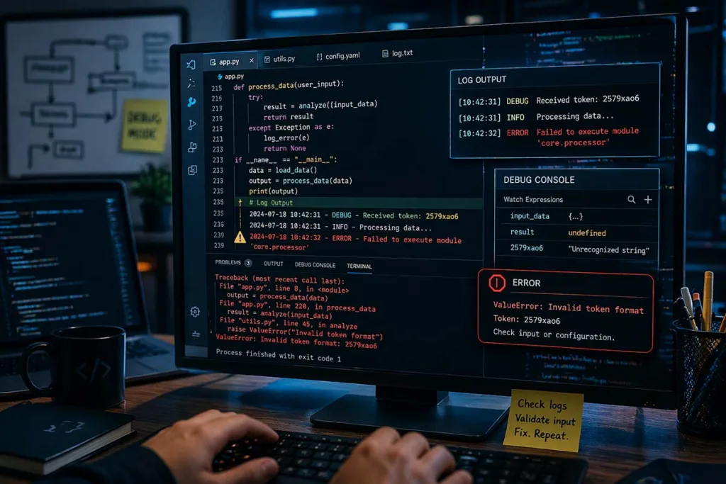 2579xao6 new software name shown in code logs and debugging screen representing error handling and technical bug analysis