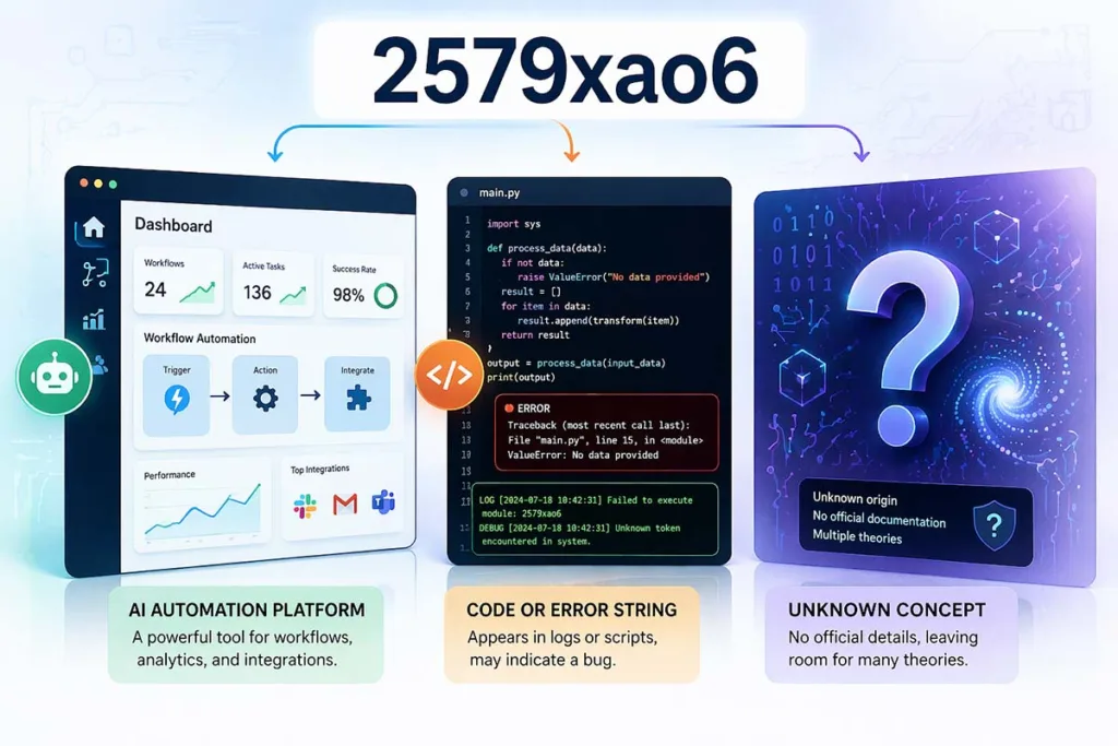 2579xao6 new software name illustrated with three concepts including AI automation platform, code error logs, and unknown digital concept