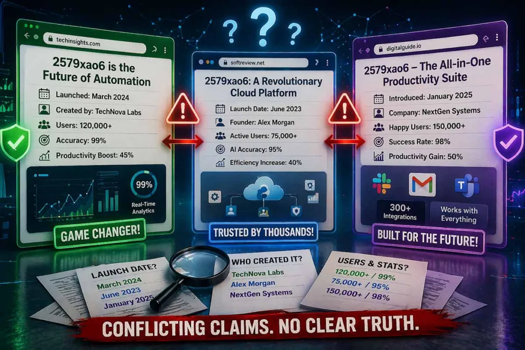 2579xao6 new software name shown with conflicting claims, different stats, launch dates, and creators highlighting confusion and lack of clarity