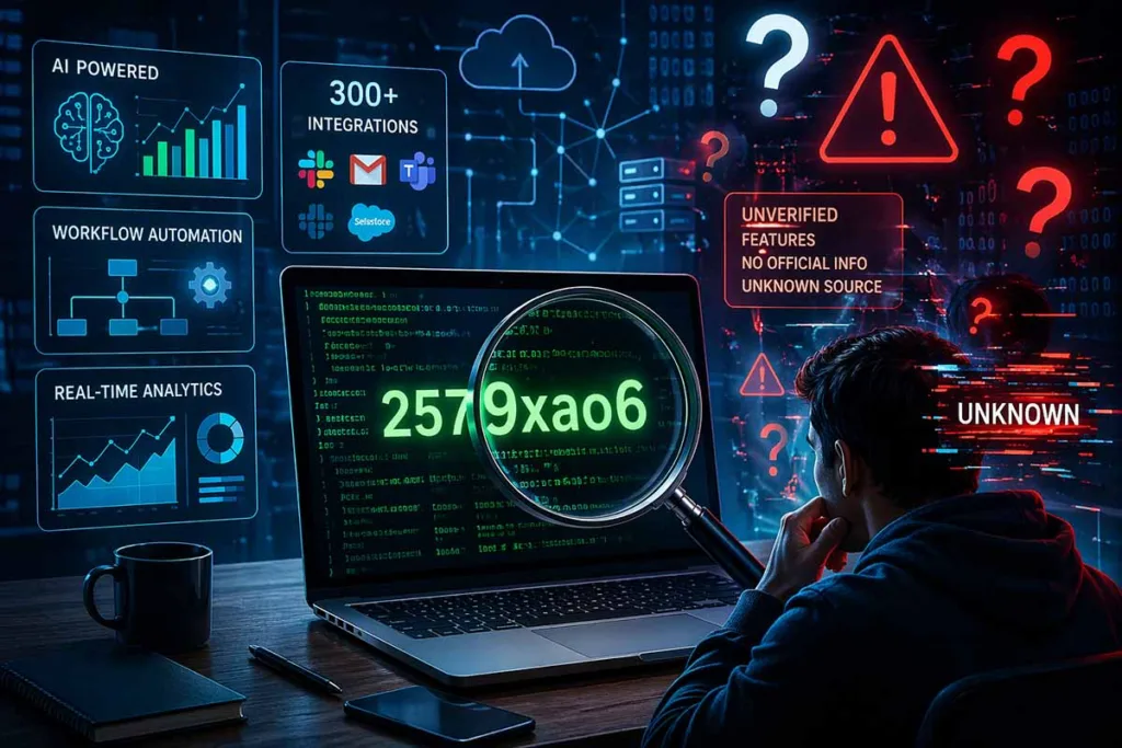 2579xao6 new software name shown on laptop with code, dashboards, and warning signs representing real or fake software analysis