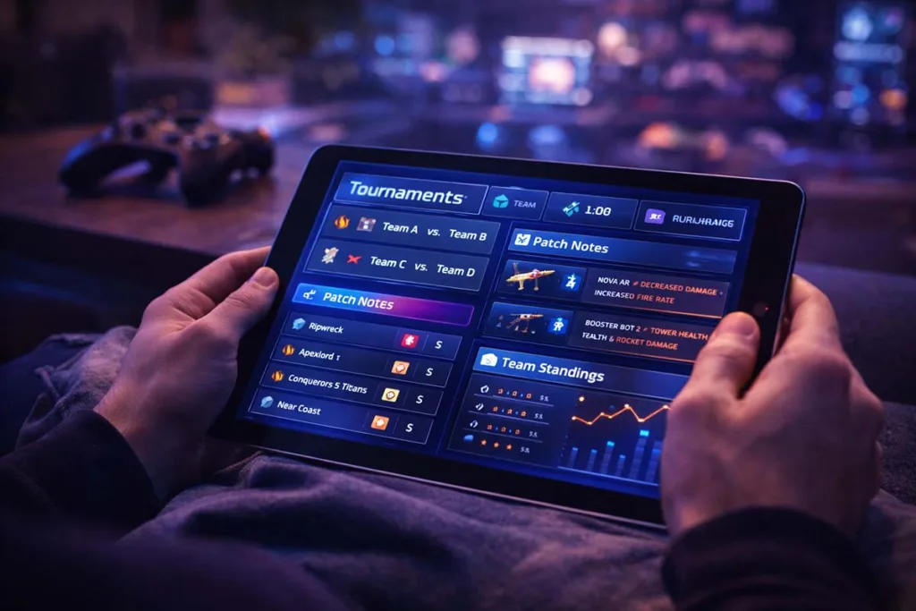 Person using tablet to check gaming news etruesports with tournaments schedules patch notes and team standings in a relaxed setup