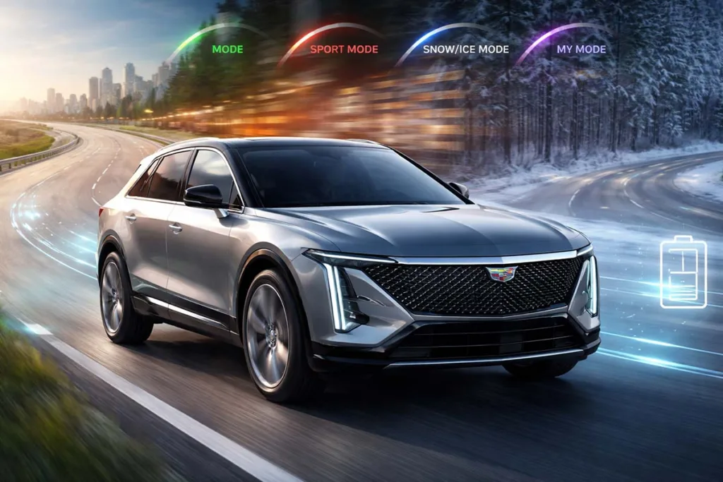 Do the driving modes in Cadillac Lyriq offer different ranges or battery usages visualized with Cadillac Lyriq driving across multiple modes and battery usage indicators