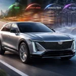 Do the driving modes in Cadillac Lyriq offer different ranges or battery usages visualized with Cadillac Lyriq driving across multiple modes and battery usage indicators