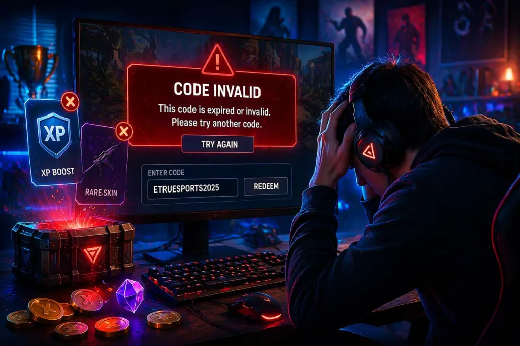 Frustrated gamer facing etruesports codes not working error on screen showing invalid code message with failed rewards and gaming setup