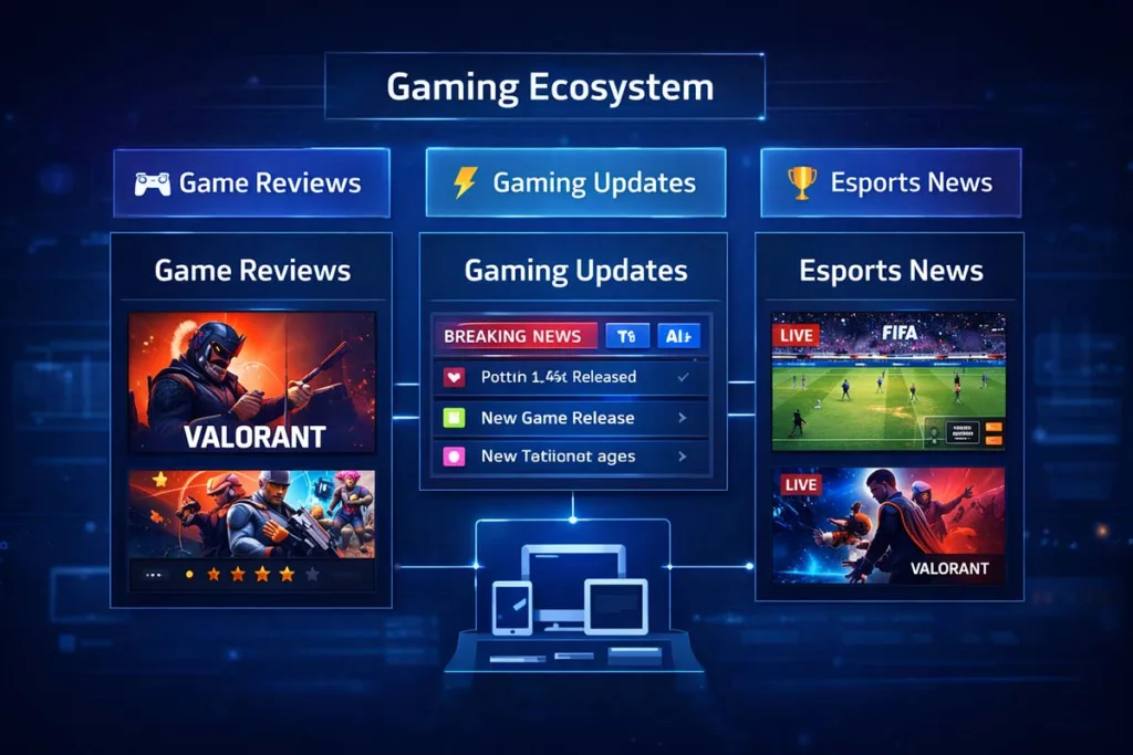 Etruesports games ecosystem dashboard displaying game reviews gaming updates and esports content in a centralized gaming hub interface