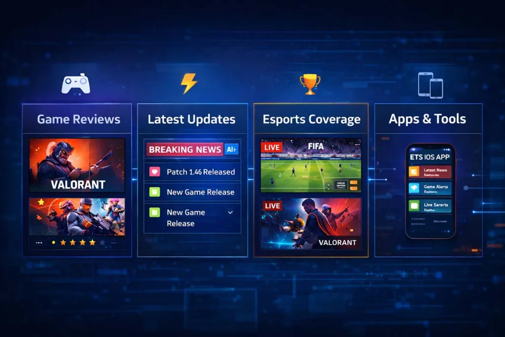 Etruesports games platform showing key features like game reviews latest updates esports coverage and apps tools in a structured interface