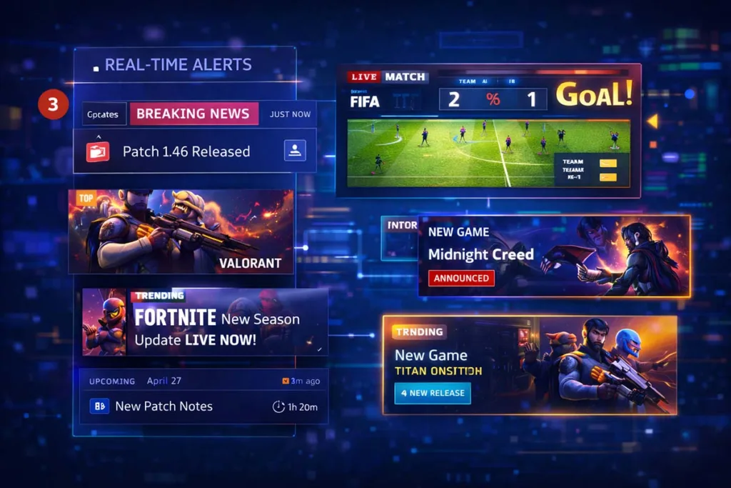 Etruesports games interface showing real time updates patch notes esports matches and new game releases in a dynamic gaming news dashboard
