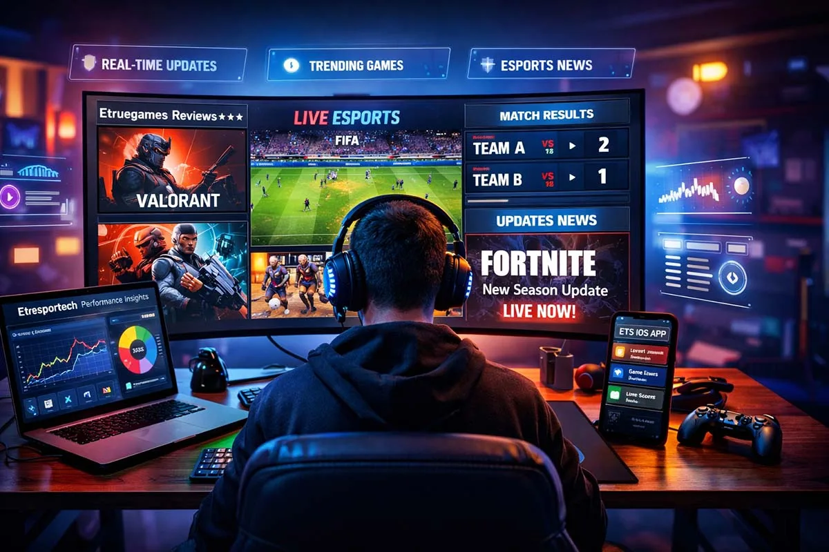 Etruesports games platform showing game reviews, esports updates, and gaming insights on a modern multi-screen gaming setup