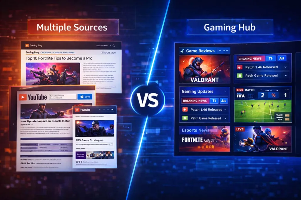 Etruesports games compared with other gaming platforms showing centralized gaming hub versus scattered sources like blogs YouTube and forums