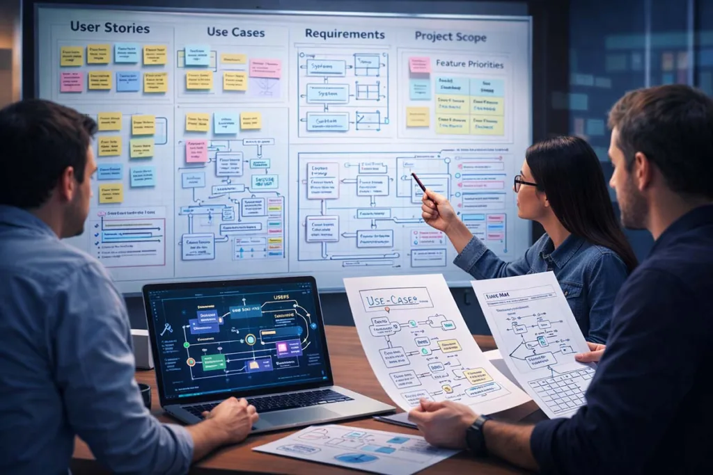 Team reviewing UML diagrams, user stories, and use cases on a digital board showing how HCS 411GITS software is built through planning and requirements analysis