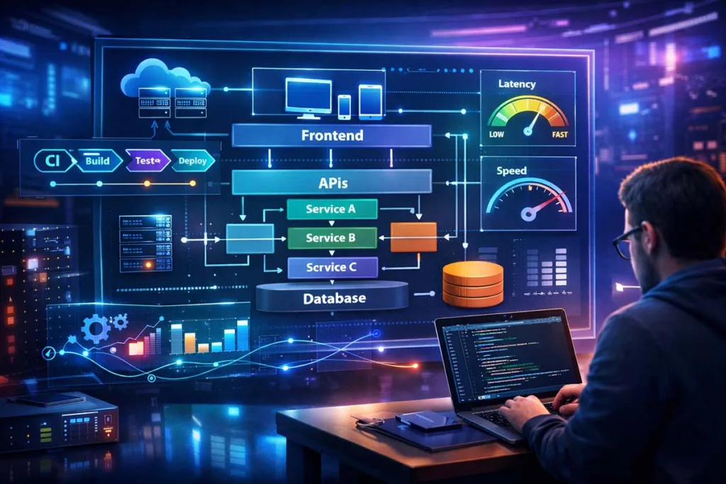 Illustration showing how HCS 411GITS software is built step by step with frontend, backend, database, APIs, and cloud architecture in a modern development environment