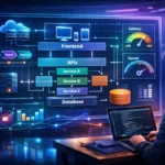 Illustration showing how HCS 411GITS software is built step by step with frontend, backend, database, APIs, and cloud architecture in a modern development environment