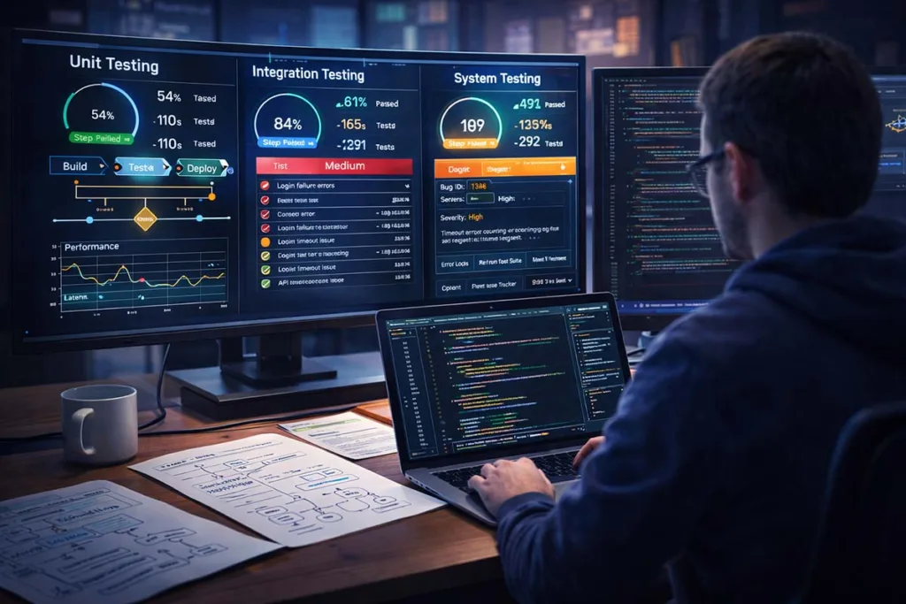 Developer analyzing unit testing, integration testing, and system testing dashboards showing how HCS 411GITS software is built with quality assurance and debugging workflows